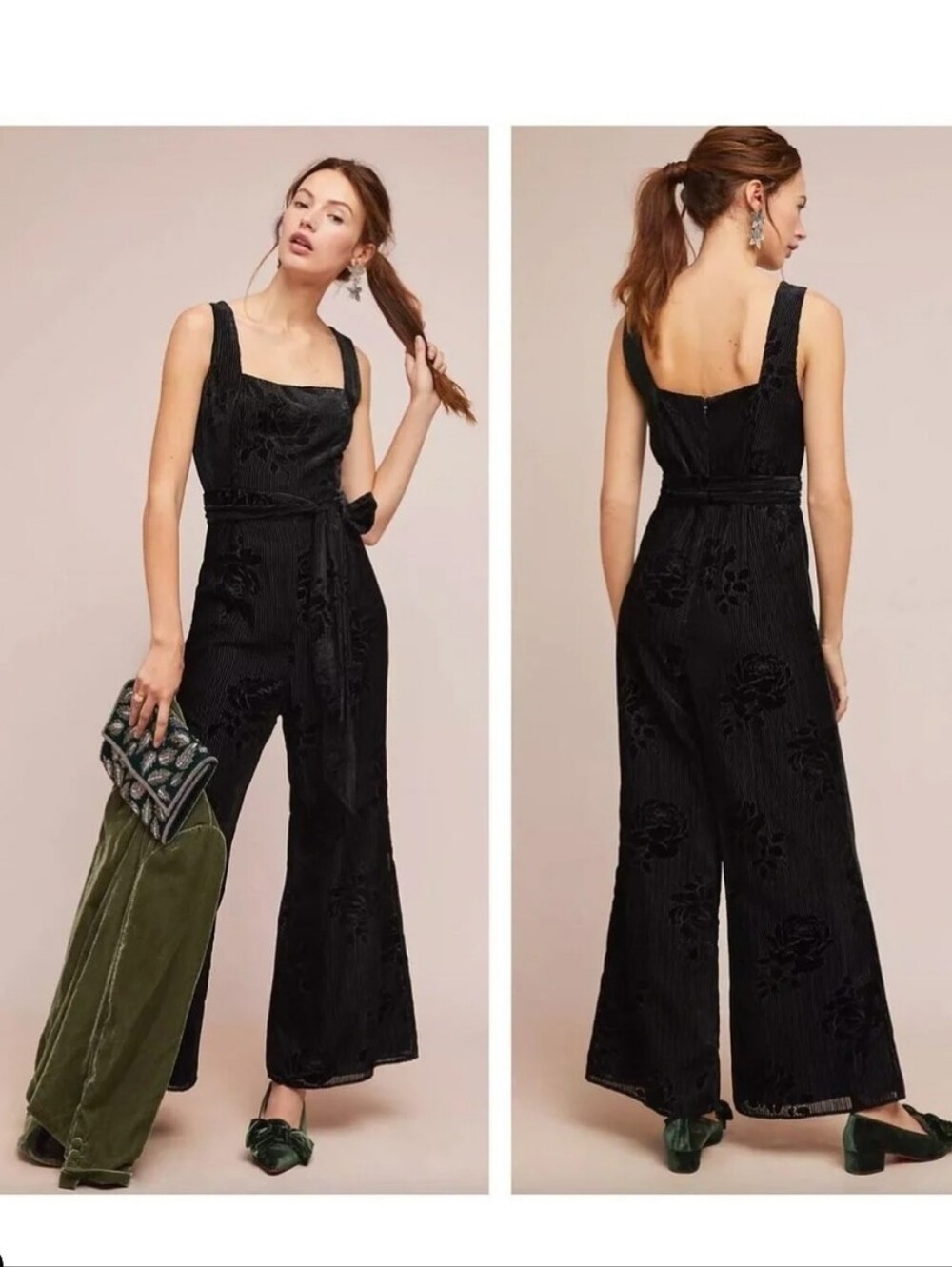 Anthropologie Moulinette Souers Black Floral Textured Jumpsuit Velvet 4